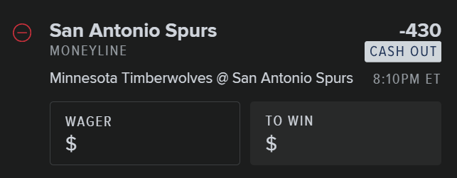 FanDuel betslip pre-loaded with San Antonio Spurs -430